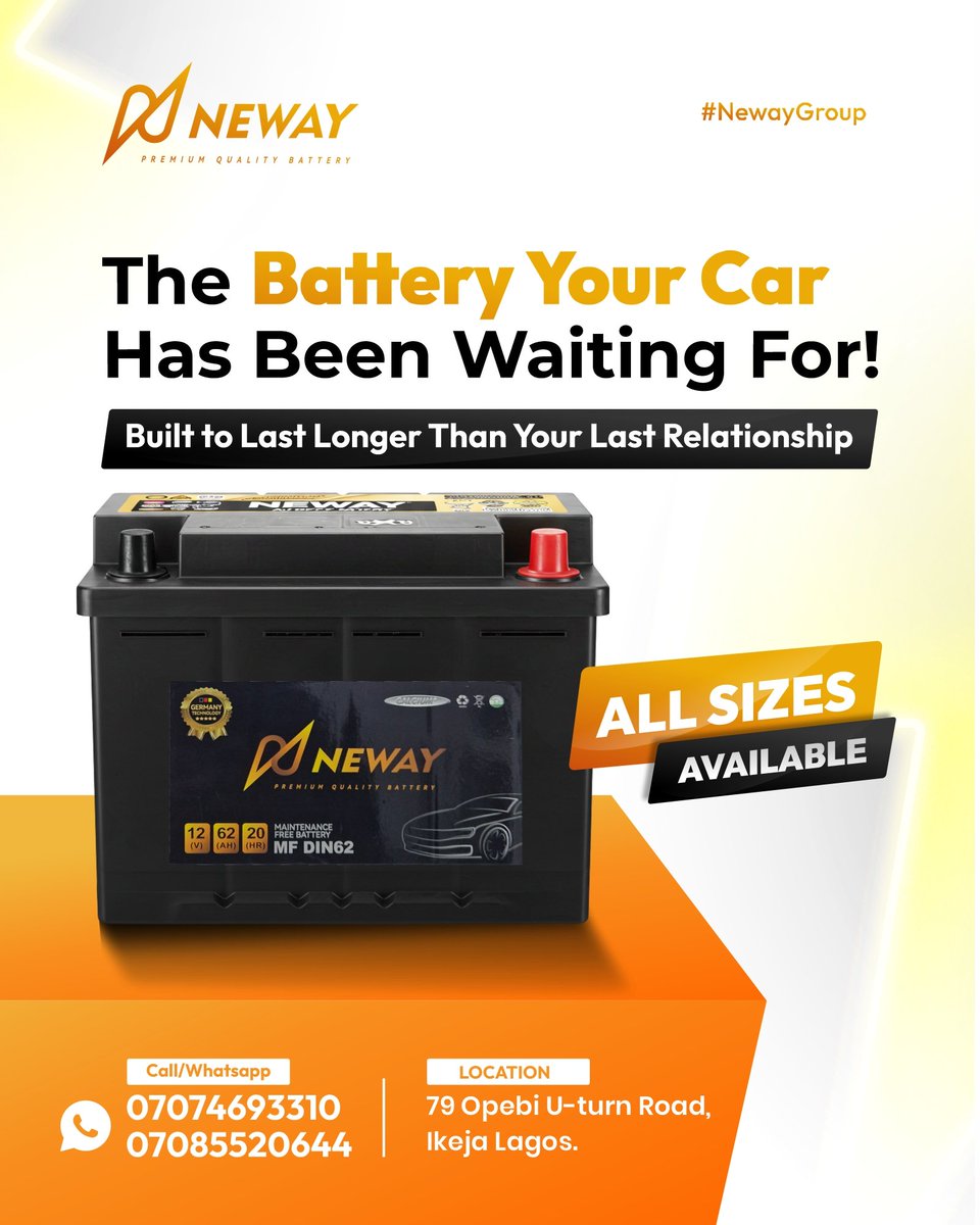 Newaygroup_'s tweet image. Power up your ride with Neway Premium Quality Batteries!🚗💨  

✅ All Sizes Available | 📍 Ikeja, Lagos  
📞 Call/WhatsApp: 07074693310 | 07085520644  

#CarLovers #BatteryGoals #BuiltToLast #PremiumPower #NoMoreBreakdowns #LongerThanARelationship 😂🚗 #AutoEssentials