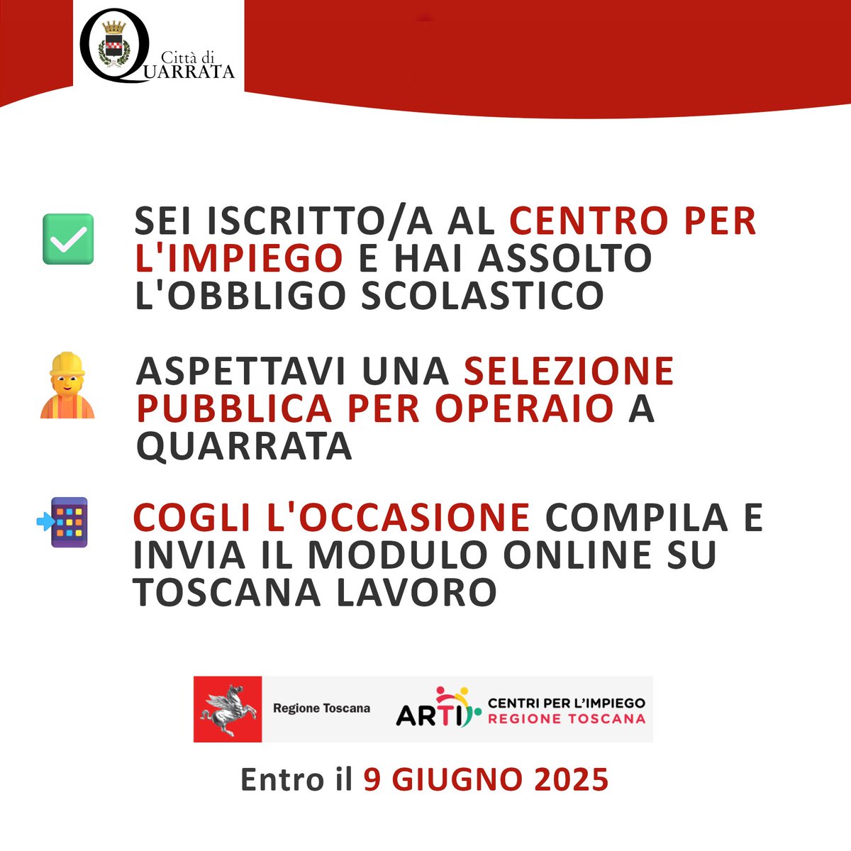 👷‍♀️ SELEZIONE PUBBLICA PER OPERAIO
Ti sei iscritto al Centro per l'Impiego e speravi di trovare posto in una pubblica amministrazione come operaio? Partecipa alla nostra selezione pubblica presso il Centro per l'Impiego

👉bit.ly/4kwuZQM