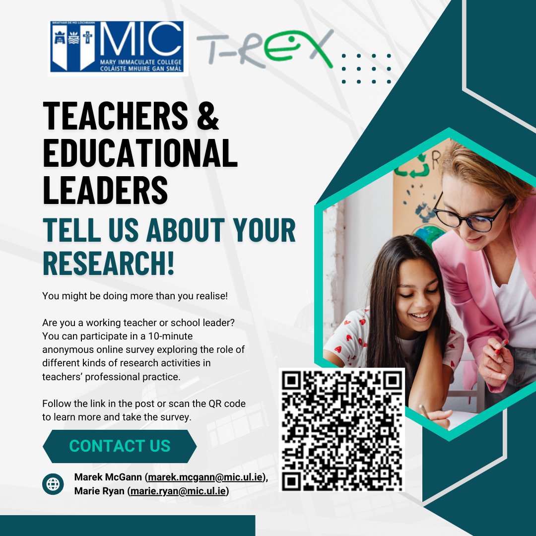 Are you a practicing teacher or school leader?

Researchers at MIC Limerick invite you to take a short, anonymous survey on how research fits into your practice.

If you're interested please scan the QR code or follow the link forms.office.com/e/q3Sk6f9LYH