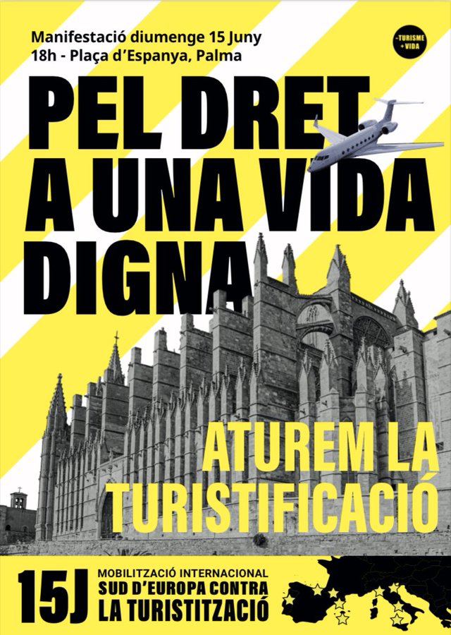 📢 Fa un any omplírem els carrers sota el lema #CanviemElRumb: #PosemLímitsAlTurisme. Enguany, REPETIM!

✊ El #15J, coordinats amb la resta d'illes i de manera simultània a diferents territoris de la #xarxaSET, ens mobilitzem PEL DRET A UNA VIDA DIGNA: #AturemLaTuristificació!