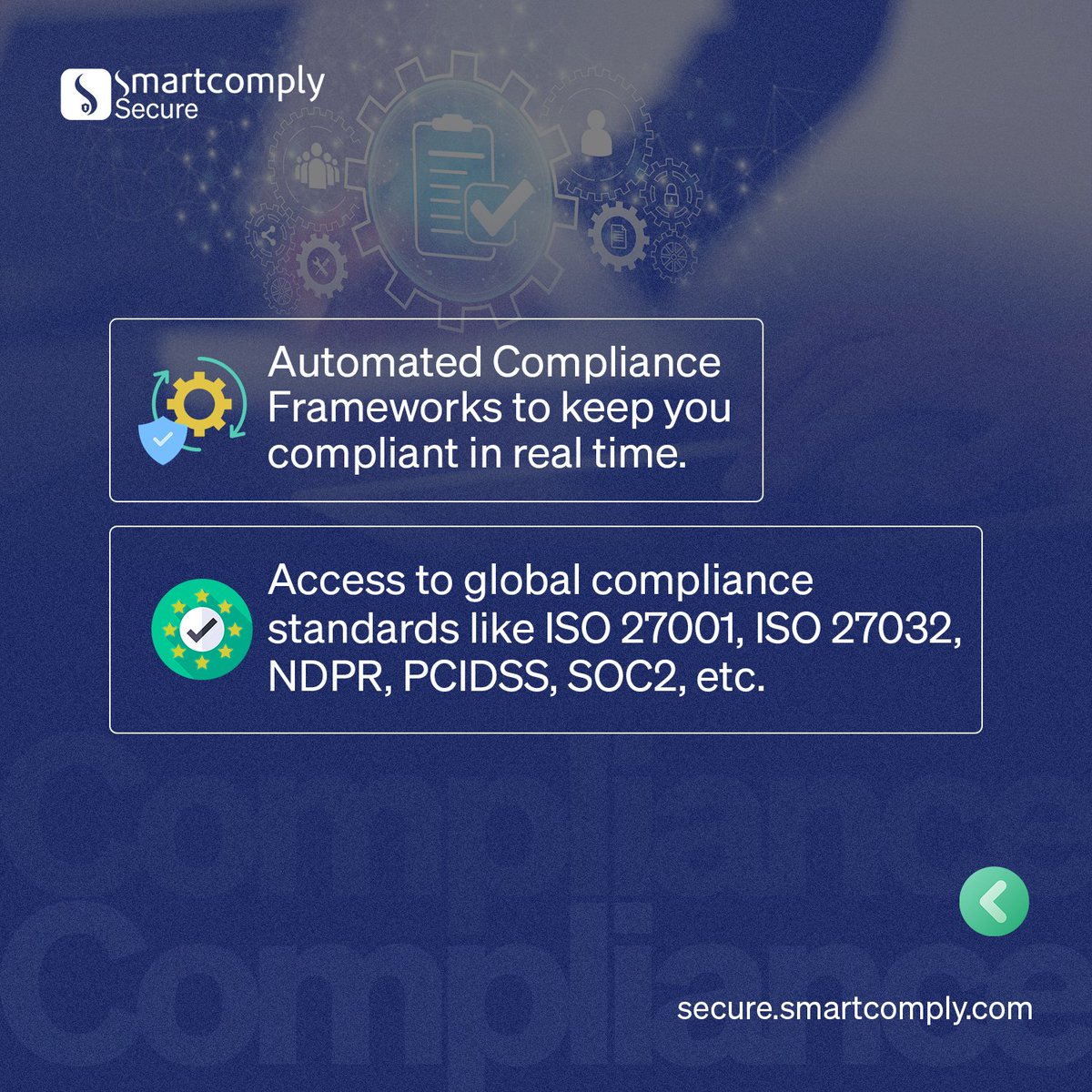 SeequreHQ's tweet photo. Our customers enjoy compliance with global standards, and access to an unlimited suite of security & compliance features that keep them 100% compliant and secure!
Visit https://t.co/IDZn6MLZpV today!
#SmartcomplySecure #Cybersecurity #Compliance #Automation #Innovation #AI https://t.co/6R0hwYi0dO