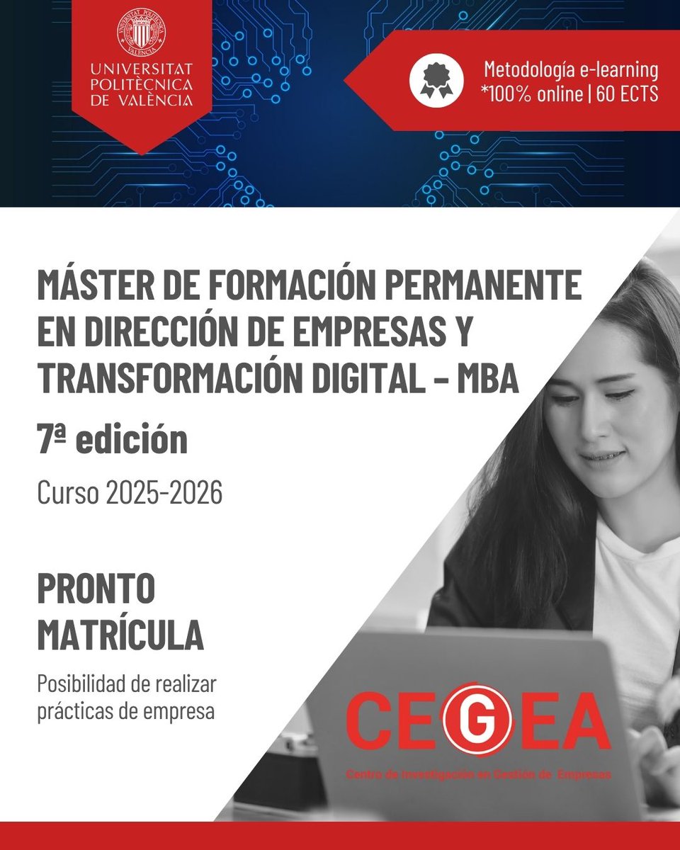 Este junio se viene algo grande… porque en CEGEA vamos a abrir el periodo de MATRICULACIÓN para nuestros másteres MBA 🤩
¿Te interesa? 👇
✔ Inscripciones abiertas
💻 Metodología online y asíncrona
📅 Edición 2025-2026
cfp.upv.es/formacion-perm…