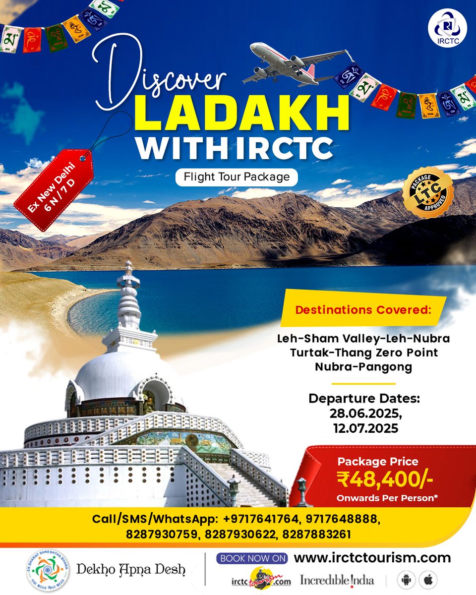 Leave the everyday hustle and enjoy the serene ambiance of Leh-Ladakh with IRCTC. Visit Sham Valley, Nubra Valley, and more on this trip and collect countless memories. Hurry! Make reservations for this 6N/7D package now.
irctctourism.com/pacakage_descr…

(packageCode=NDA12)