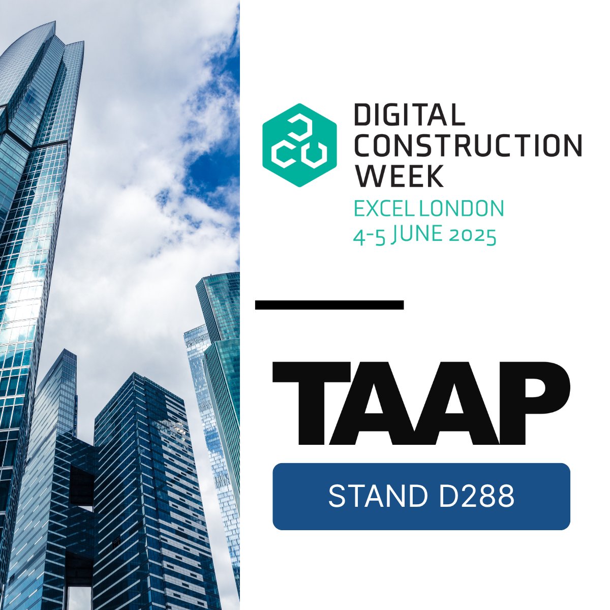 We're excited to be exhibiting at Digital Construction Week next week! 

We'll be showing how TAAP makes managing field operations easier with apps that go from idea to live, enterprise-scale deployment in minutes, not months.

Visit us at stand D288, 4-5 June, ExCeL.

#DCW2025