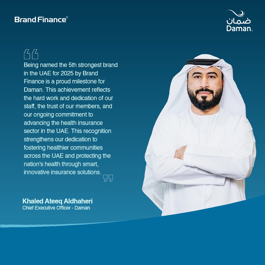 DamanInsurance's tweet photo. نفخر بتصنيفنا بالمرتبة الخامسة ضمن مؤشر أقوى العلامات التجارية في دولة الإمارات لعام 2025 الصادر عن براند فاينانس.

#ضمان

Proud to be ranked the 5th strongest brand in the UAE by Brand Finance for 2025.

#Daman https://t.co/NZIYWBmEpx