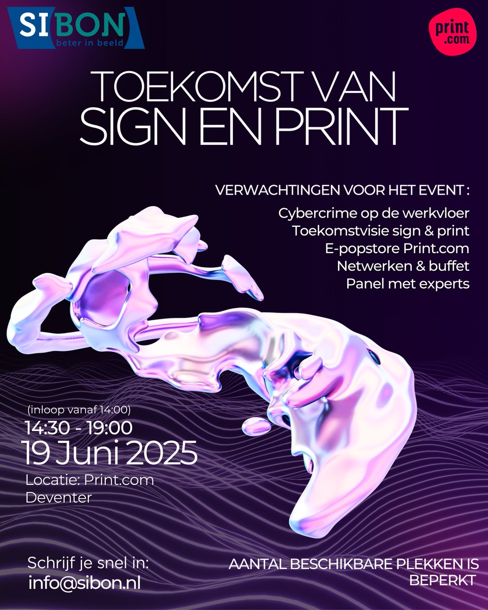 📅 19 juni: Netwerkevent bij Print.com in Deventer
AI, cybercrime, klantgedrag &amp; verdienmodellen – dit wil je niet missen!!!
Met paneltalks, insights, buffet &amp; popstore.
👋 Voor de Singmakers die vooruitdenkt.
🔗 sibon.nl/netwerkevent
#signbranche #sibon #printcom