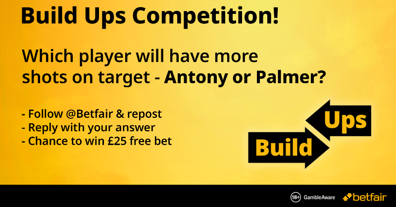 Betfair's tweet photo. #BuildUps Competition! π
Which player will have more shots on target, Antony or Cole Palmer?
Follow, repost and guess correctly - you could win a Β£25 free bet!
Click below for T&C's.
