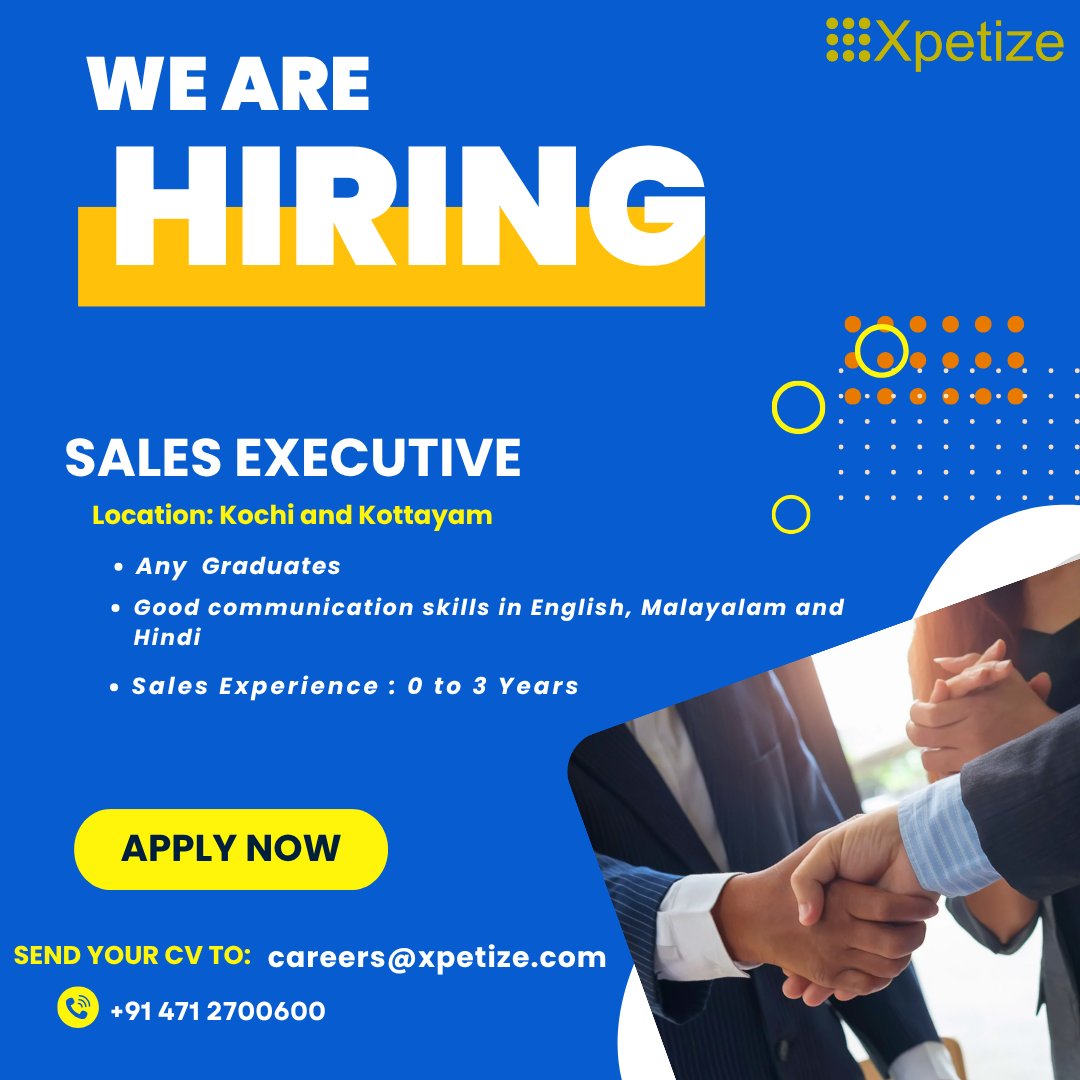 xpetize's tweet photo. We are Hiring: Sales Executive
Location: Kochi and Kottayam
Send your  Resume to : careers@xpetize.com
#jobsearch  #jobs #jobopportunity #jobopportunities #jobhunt #jobseekers #jobseeking #jobopportunity2025 #salesjobs #salesexecutive #salesexecutivejobs https://t.co/zAtleNju1O