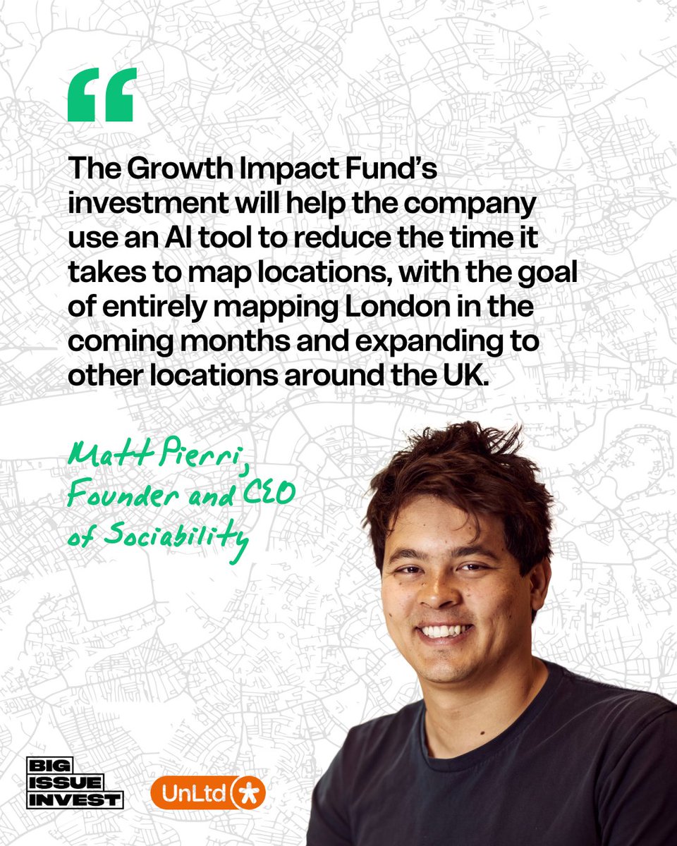 BigIssueInvest's tweet image. With £250k from @BigIssueInvest and @UnLtd, we're backing @sociabilityapp mission to break down barriers and build a more inclusive environment, starting with AI-powered mapping of accessibility features across the UK
Swipe to read what Matt Pierri, CEO, said about the investment