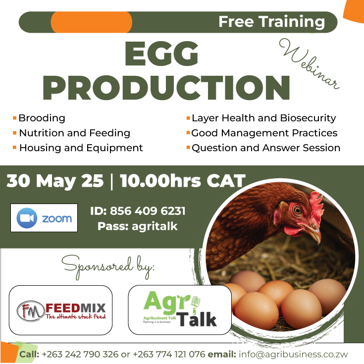 Free Egg Production online training is back! 

Join us Friday, 30 May 2025 at 10 AM CAT on Zoom.
Get expert advice on brooding, feeding, housing, biosecurity and  a live Q&amp;A!

Zoom Link:
us06web.zoom.us/j/8564096231...
ID: 856 409 6231 
Passcode: agritalk

Don’t miss out!