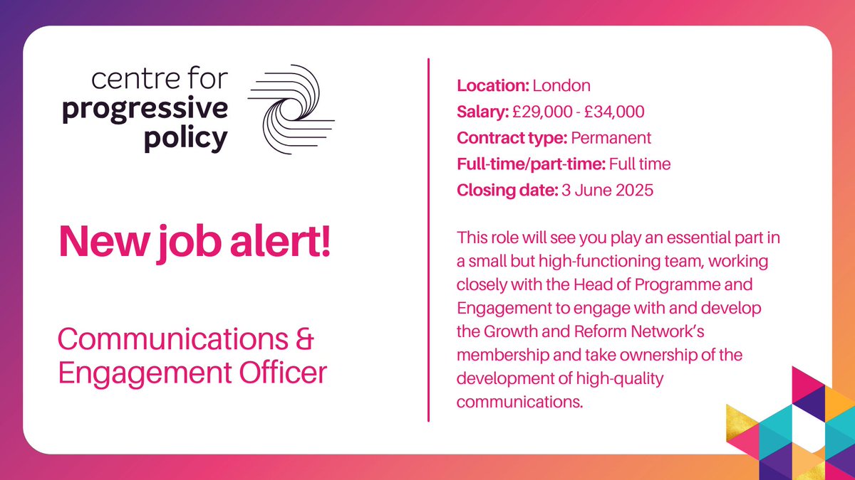 Smart Thinking (@smartthinktanks) on Twitter photo NEW JOB ALERT! <a href="/CentreProPolicy/">Centre for Progressive Policy</a> are looking for someone to help them develop an influential space for senior leaders, mayors + officers to exchange ideas on major growth and reform innovation opportunities. Join them as Communications & Engagement Officer: bit.ly/3HeTZ0B NEW JOB ALERT! <a href="/CentreProPolicy/">Centre for Progressive Policy</a> are looking for someone to help them develop an influential space for senior leaders, mayors + officers to exchange ideas on major growth and reform innovation opportunities. Join them as Communications & Engagement Officer: bit.ly/3HeTZ0B