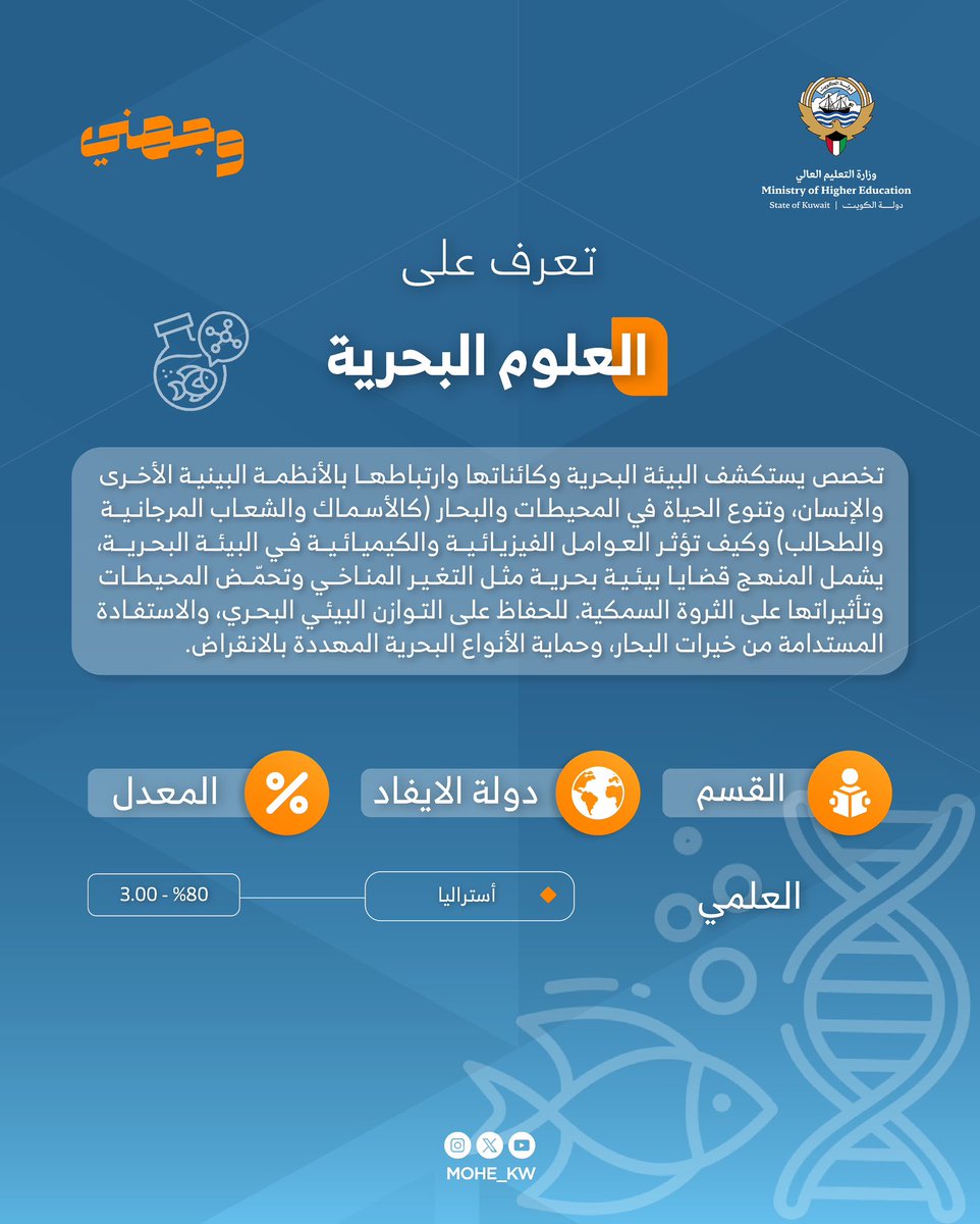 حملة #وجهني

#تعرف_على تخصص (العلوم البحرية) في خطة البعثات السنوية للعام 2026/2025 

#وزارة_التعليم_العالي
#الكويت