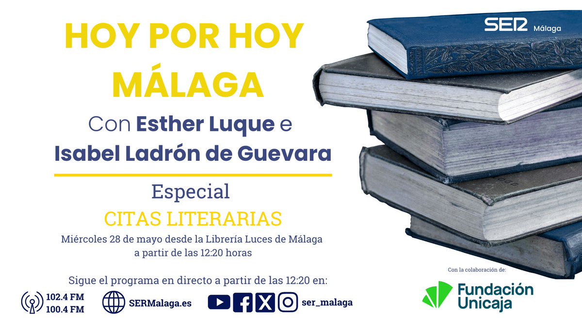 🔴En directo. Sigue el encuentro de citas literarias desde <a href="/librerialuces/">Librería Luces</a> con <a href="/FundUnicaja/">Fundación Unicaja</a> 

📻Con la presencia de  <a href="/atajoslargos/">Rodrigo Blanco Calderón</a> Paloma Rivas y Elías de Mateo 

📽️youtube.com/live/z04fTJ_iD…

📲cadenaser.com/ser-malaga/