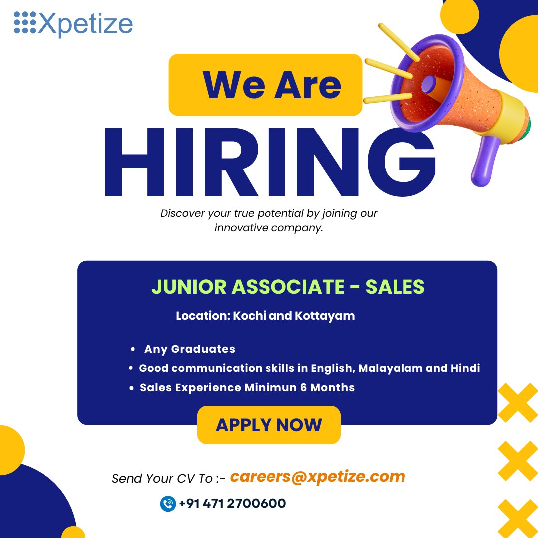 xpetize's tweet photo. We are Hiring: Junior Assoicate - Sales
Location: Kochi and Kottayam
Send your  Resume to : careers@xpetize.com
#jobsearch #jobs #jobopportunity #jobopportunities #jobhunt #jobseekers #salesasoociate #jobopportunity2025 #salesjobs #salesexecutive #salesexecutivejobs https://t.co/XPdGzCvSER