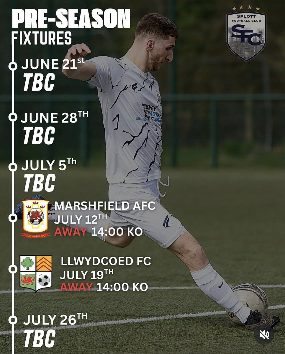 Splott Football Club (@splottfc_) on Twitter photo We're still looking to fill the following dates:
⚽️ June 21st – AVAILABLE (A)
⚽️ June 28th – AVAILABLE (A)
⚽️ July 5th – AVAILABLE (A)
⚽️ July 26th – AVAILABLE (A)
DM us if you're interested in arranging a friendly! 💬
#PreSeason #Fixtures #SplottFC
<a href="/SWPLInfo/">South Wales Premier League Info</a> We're still looking to fill the following dates:
⚽️ June 21st – AVAILABLE (A)
⚽️ June 28th – AVAILABLE (A)
⚽️ July 5th – AVAILABLE (A)
⚽️ July 26th – AVAILABLE (A)
DM us if you're interested in arranging a friendly! 💬
#PreSeason #Fixtures #SplottFC
<a href="/SWPLInfo/">South Wales Premier League Info</a>