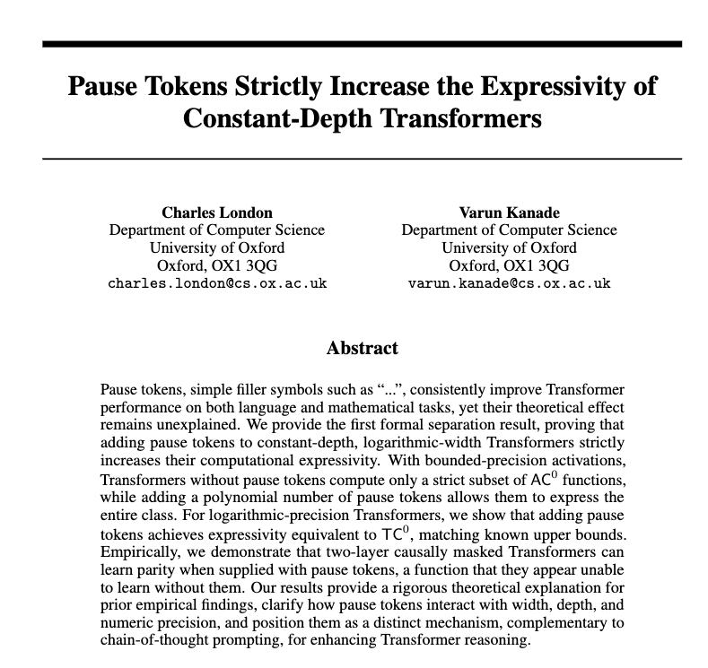 New preprint with my supervisor, Varun! We show that padding the input of a Transformer with blank "pause" tokens strictly increases expressivity (in the finite-precision case), enabling it to compute everything in AC0.