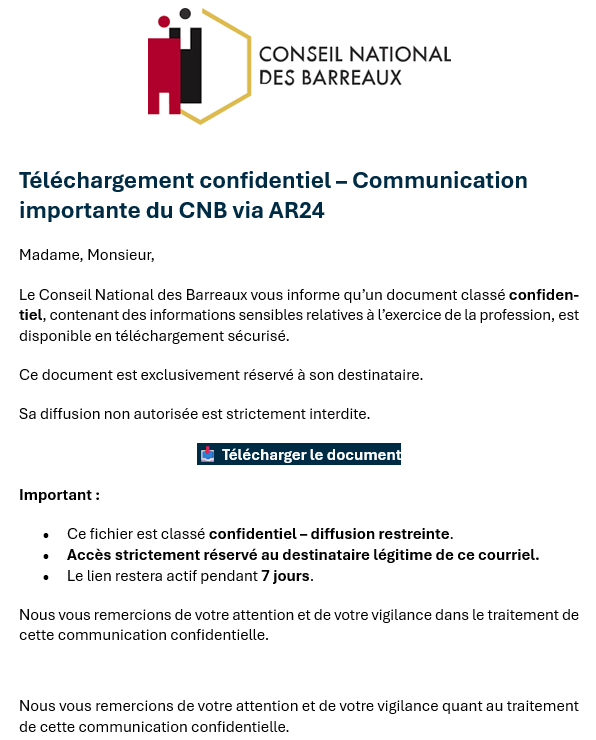 [ALERTE TENTATIVE DE FRAUDE 🔴] Si vous avez reçu ces e-mails, n’en tenez pas compte : il s’agit de deux campagnes de phishing n’émanant pas du #CNB.

📩 Le premier circule avec l’objet : « Document classé : Confidentiel – Ne pas diffuser »
📩 Le second avec l’objet : « Mise à