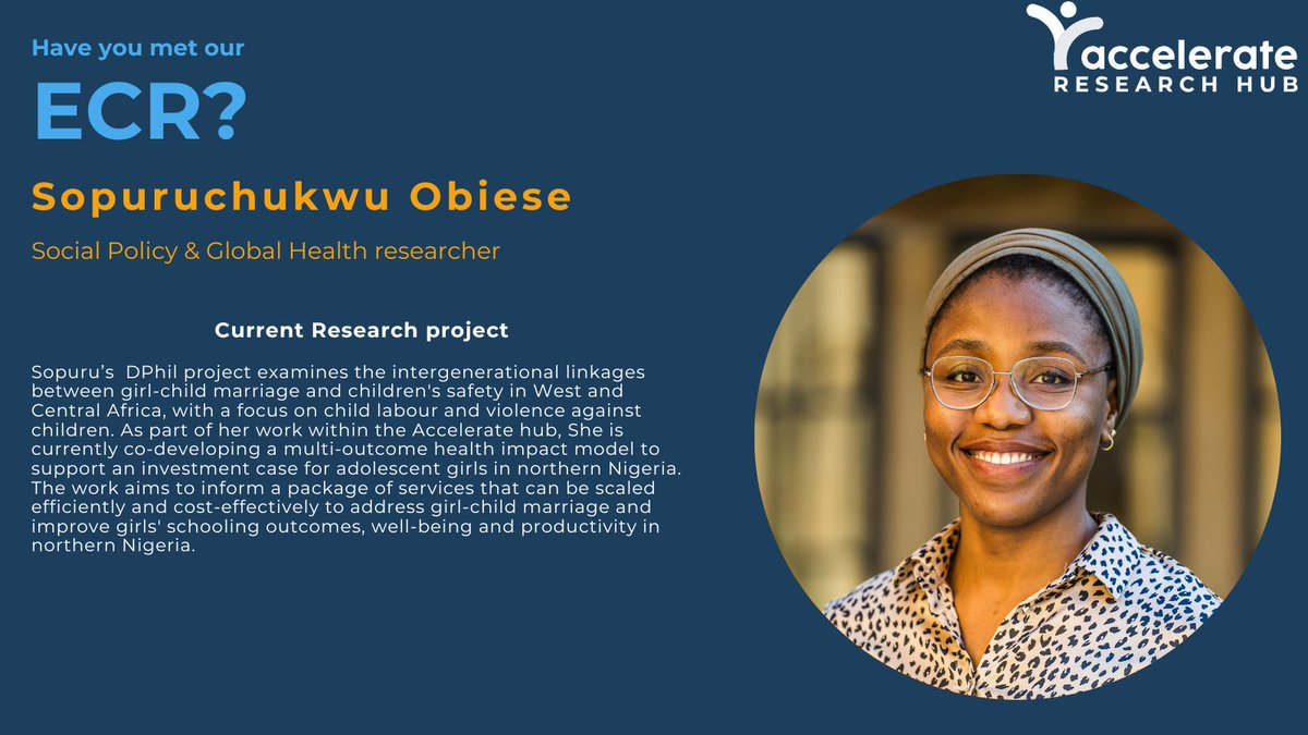 Sopuru's DPhil work investigates how girl-child marriage affects child safety in W/C Africa. She's co-developing a model to build a case for investing in adolescent girls in N. Nigeria-aiming to improve #education , #well-being &amp; end #childmarriage
#GirlChild #AdolescentHealth
