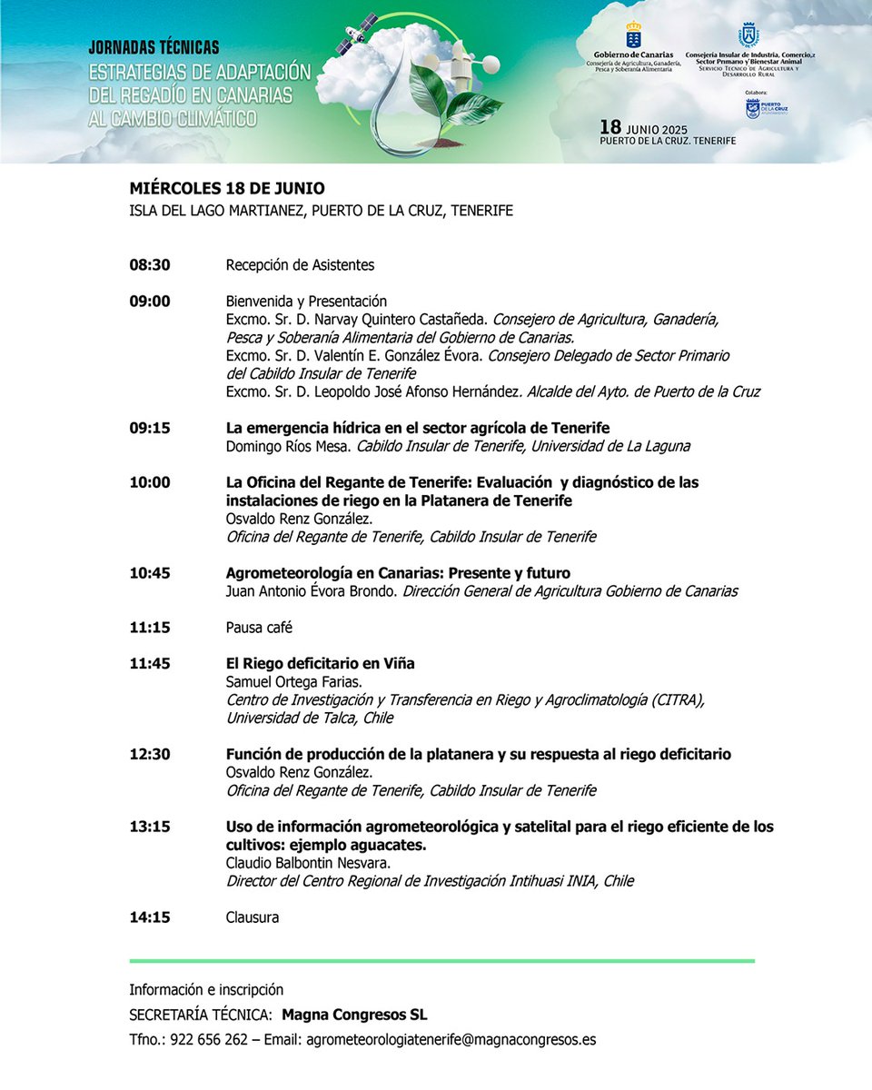 💧 Jornadas Técnicas: La gestión del agua de riego en el contexto de la emergencia hídrica
📅 18 de junio de 2025
🕣 De 8:30h. a 14:15h.
📍 Isla del Lago Martiánez, Puerto de la Cruz, Tenerife