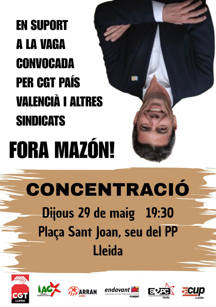 CGTLleida's tweet image. Demà concentració de suport a la @CGTvalencia pel dia de vaga general! #ForaMazon 
A les 19.30h davant la seu del PP.