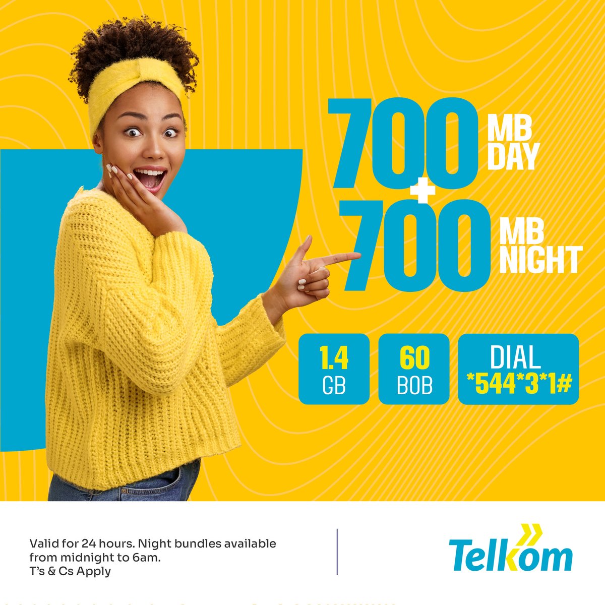 Start the day right with double the data, double the joy!  🚀 Get 700MB day + 700MB night for just 60 bob and get FREE WhatsApp PLUS 60 Telkom minutes ubaki uko connected all day. Stream, browse, and chat bila stress.
Dial *544*3*1# and double up with #DailyBundles