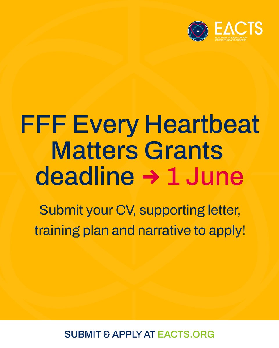 EACTS (@eacts) on Twitter photo 🚨 LAST CHANCE TO APPLY 🚨
There are just three days left to apply for the #EveryHeartbeatMatters grants, supported by the <a href="/EdwardsLifesci/">Edwards Lifesciences</a> Foundation!
The grants will provide funding for surgeons providing care, education and support in underserved areas, as part of our efforts 🚨 LAST CHANCE TO APPLY 🚨
There are just three days left to apply for the #EveryHeartbeatMatters grants, supported by the <a href="/EdwardsLifesci/">Edwards Lifesciences</a> Foundation!
The grants will provide funding for surgeons providing care, education and support in underserved areas, as part of our efforts
