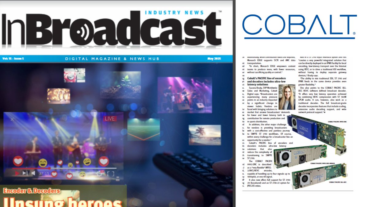Thank you @InBroadcast for featuring our SVP of Worldwide Sales &amp; Marketing, Suzana Brady, in the May issue. She shares insights on the pressure points broadcasters face and how Cobalt is adapting to shifting viewer habits - snip.ly/29afbb
#Broadcast #CobaltDigital
