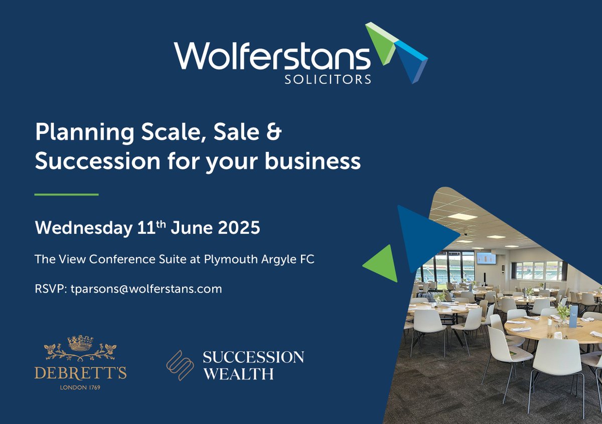 HOTSW Growth Hub (@growthhubhotsw) on Twitter photo 📍Plymouth business owners: planning to scale, sell or step back? Join Westcotts on 11th June 1-5pm for a free afternoon of insights, legal tips, and real-world stories - plus canapés & networking 🍴💬
Book your free place: RSVP: tparsons@wolferstans.com
#SmallBusinessSupport 📍Plymouth business owners: planning to scale, sell or step back? Join Westcotts on 11th June 1-5pm for a free afternoon of insights, legal tips, and real-world stories - plus canapés & networking 🍴💬
Book your free place: RSVP: tparsons@wolferstans.com
#SmallBusinessSupport