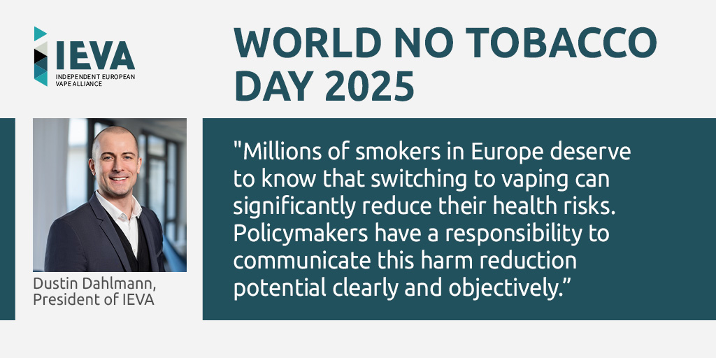 🚭 Ahead of #WorldNoTobaccoDay on May 31, the Independent European Vape Alliance shares new findings:

✅ Most vapers in Europe are former smokers

📉 Only 3% of current vapers never smoked

🧪 Science confirms: vaping is far less harmful than smoking

💬 Yet public perception