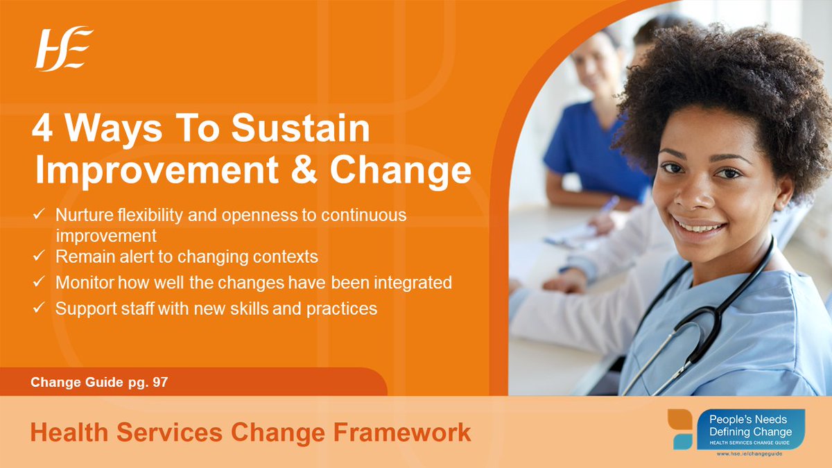 Sustaining improvement and change requires an openness to continuous learning. Being able to adapt to changing needs and remaining flexible requires leadership and team supports.
Keep a keen eye on the ever-changing context that surrounds you. Monitor how well changes in ways of