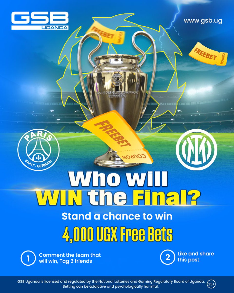 GSB Uganda (@gsb_uganda) on Twitter photo Who will ๐ช๐๐ก the ๐จ๐๐๐ ๐๐ต๐ฎ๐บ๐ฝ๐ถ๐ผ๐ป๐ ๐๐ฒ๐ฎ๐ด๐๐ฒ ๐๐ถ๐ป๐ฎ๐น? ๐๐
Hereโs a chance to win ๐๐ฟ๐ฒ๐ฒ๐๐ฒ๐๐ worth ๐ฐ,๐ฌ๐ฌ๐ฌ ๐จ๐๐ซ each for ๐๐ผ๐ฟ๐๐ (๐ฐ๐ฌ) lucky punters!
๐ ๐๐ถ๐ธ๐ฒ and ๐ฆ๐ต๐ฎ๐ฟ๐ฒ the post.
๐ Comment the ๐๐ฒ๐ฎ๐บ that will win and ๐๐ฎ๐ด ๐๐ต๐ฟ๐ฒ๐ฒ Who will ๐ช๐๐ก the ๐จ๐๐๐ ๐๐ต๐ฎ๐บ๐ฝ๐ถ๐ผ๐ป๐ ๐๐ฒ๐ฎ๐ด๐๐ฒ ๐๐ถ๐ป๐ฎ๐น? ๐๐
Hereโs a chance to win ๐๐ฟ๐ฒ๐ฒ๐๐ฒ๐๐ worth ๐ฐ,๐ฌ๐ฌ๐ฌ ๐จ๐๐ซ each for ๐๐ผ๐ฟ๐๐ (๐ฐ๐ฌ) lucky punters!
๐ ๐๐ถ๐ธ๐ฒ and ๐ฆ๐ต๐ฎ๐ฟ๐ฒ the post.
๐ Comment the ๐๐ฒ๐ฎ๐บ that will win and ๐๐ฎ๐ด ๐๐ต๐ฟ๐ฒ๐ฒ