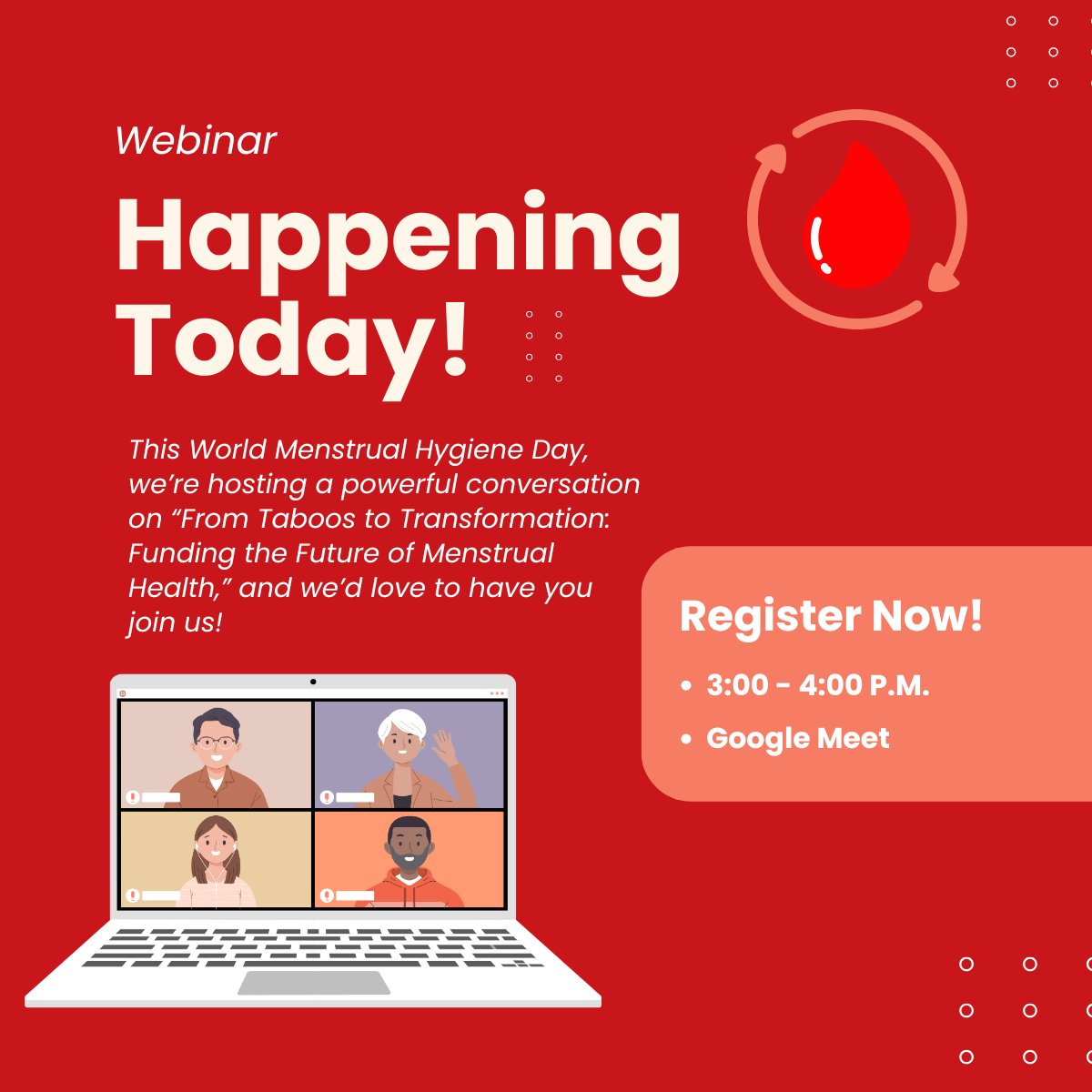 Only a few hours to go!⏰

Hey, just a reminder:
You’re part of something big today.😇
World Menstrual Hygiene Day special webinar with the experts starts at 3:00 p.m. sharp today.
Haven’t registered yet? You still can👇
Register now: tinyurl.com/2metwxmk
See you there!🤗