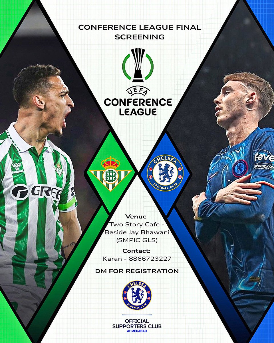 🎉 Final game of the season!
UEFA Conference League Final 🏆
Join Chelsea Ahmedabad as we host the official screening  to wrap up an incredible 2024-25 season 💙

Let’s go out with a bang 💥
DM for details! 💬

#ChelseaAhmedabad #CFC #UECLFinal #KTBFFH  #ChelseaIndia