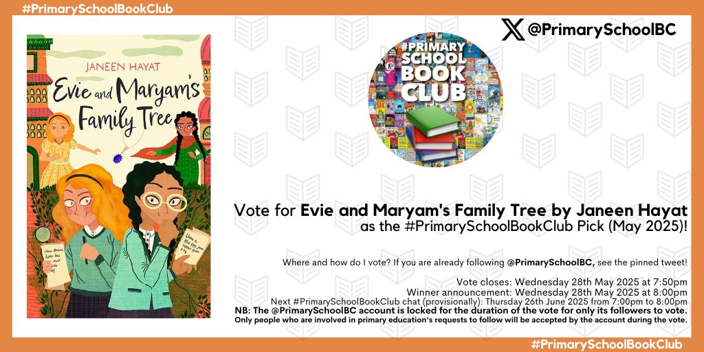 Janeen Hayat (@janeen_hayat) on Twitter photo Vote for me! I'm so pleased that Evie and Maryam has been chosen as one of the candidates in May's #PrimarySchoolBookClub . Head to <a href="/PrimarySchoolBC/">#PrimarySchoolBookClub</a> and vote in the pinned tweet! <a href="/guppybooks/">Guppy Books</a> Vote for me! I'm so pleased that Evie and Maryam has been chosen as one of the candidates in May's #PrimarySchoolBookClub . Head to <a href="/PrimarySchoolBC/">#PrimarySchoolBookClub</a> and vote in the pinned tweet! <a href="/guppybooks/">Guppy Books</a>