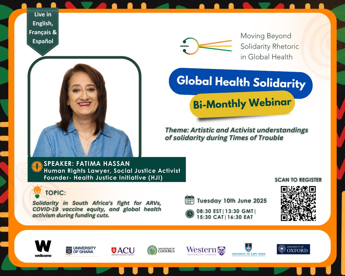 Global Health Solidarity Network (@officialghsn) on Twitter photo 🔔How can solidarity be used as a tool for justice during times of crisis?
We're honoured to feature Fatima Hassan, a leading human rights lawyer and social justice activist, and founder of the <a href="/HealthJusticeIn/">Health Justice Initiative - HJI</a> in our upcoming Global Health Solidarity Webinar. With a career 🔔How can solidarity be used as a tool for justice during times of crisis?
We're honoured to feature Fatima Hassan, a leading human rights lawyer and social justice activist, and founder of the <a href="/HealthJusticeIn/">Health Justice Initiative - HJI</a> in our upcoming Global Health Solidarity Webinar. With a career