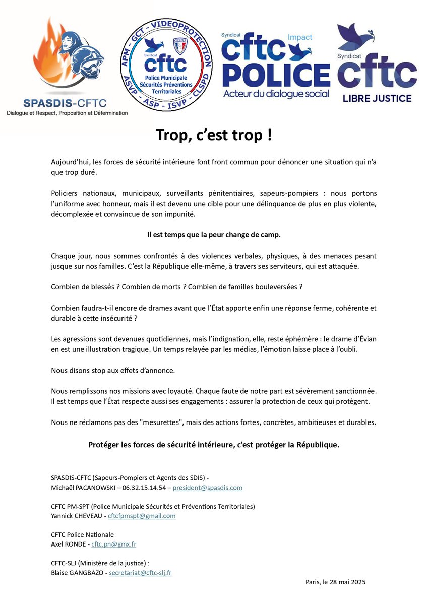 ❌[COMMUNIQUE] ❌Trop, c'est trop‼️
Les forces de sécurité intérieure #CFTC unies.
#police, #penitentiaire, #pompiers ne doivent plus être des cibles car représentent l'Etat
#SDIS #securitecivile #intérieur #justice <a href="/Impactpoli11669/">ImpactPolice Cftc</a> <a href="/CFTCSLJ/">CFTC Ministère Justice</a>  <a href="/CFTCPM/">CFTCPoliceMunicipale</a> <a href="/BrunoRetailleau/">Bruno Retailleau</a> <a href="/GDarmanin/">Gérald DARMANIN</a>