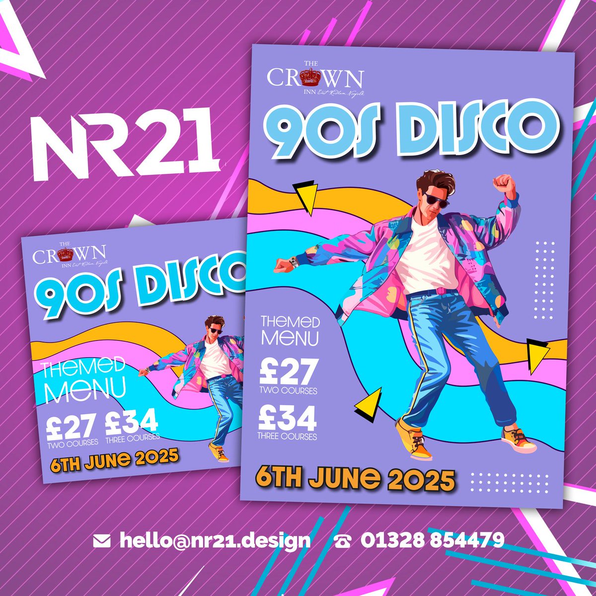 We recently designed a bold, 90s-themed poster and social media graphic for The Crown, East Rudham. Packed with retro flair, vibrant colours, and all the nostalgia 🕺

#GraphicDesign #CreativeDesign #DesignStudio #VisualIdentity #NR21 #NorfolkDesign #DesignLife #MadeWithLove