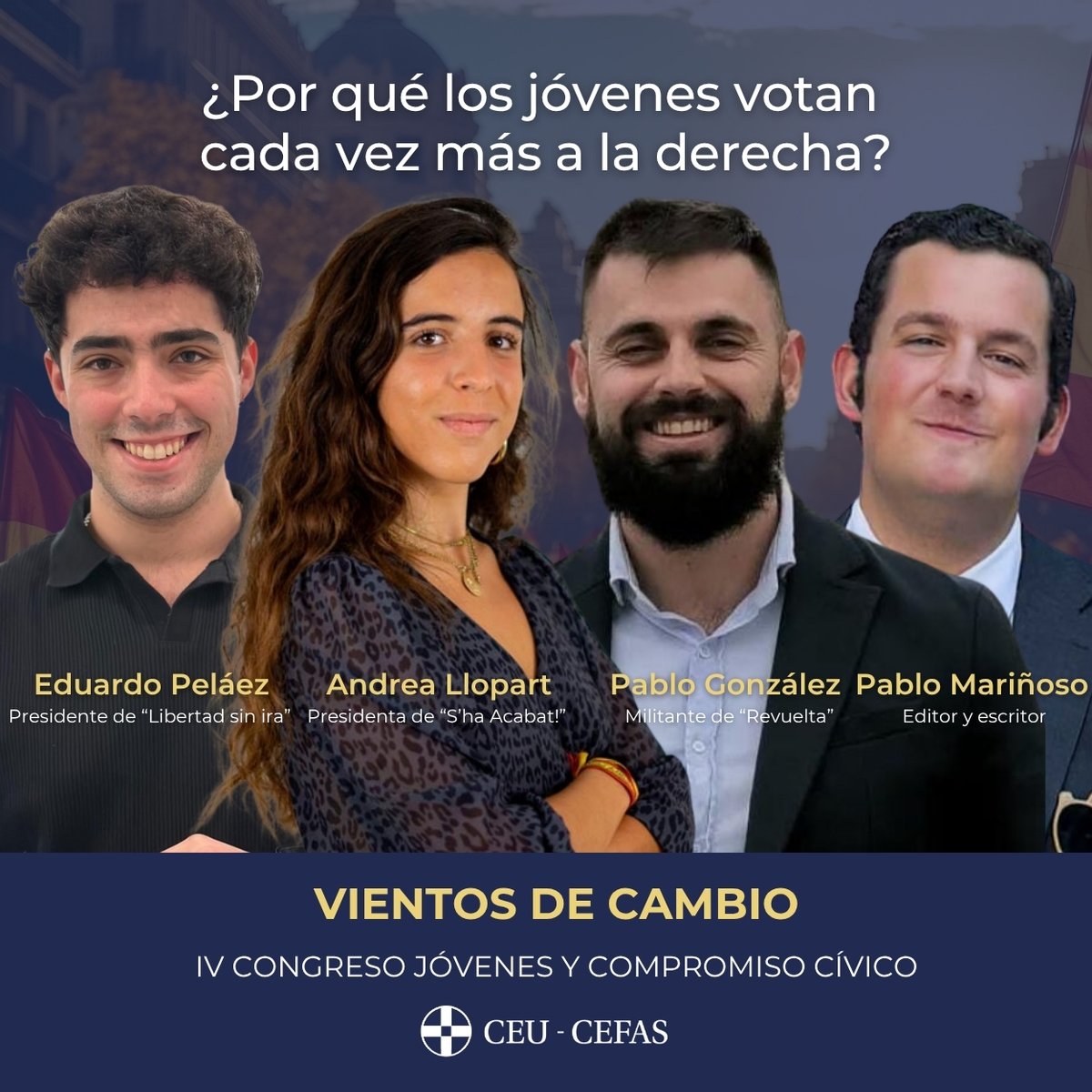 CEFAS (@cefas_ceu) on Twitter photo 💥 Congreso #JovenesCEFAS “Vientos de cambio”
▶️ “¿Por qué los jóvenes votan cada vez más a la derecha?”
🗣️ Eduardo Peláez, <a href="/andreallopart/">Andrea Llopart</a>, <a href="/PabloGzlGasca/">Pablo González Gasca</a>, y <a href="/canteraepmdj/">Pablo Mariñoso</a>
🗓️ 14 de junio
🕖 12:00 horas
📲 Inscripciones: cefas.ceu.es/evento/congres… 💥 Congreso #JovenesCEFAS “Vientos de cambio”
▶️ “¿Por qué los jóvenes votan cada vez más a la derecha?”
🗣️ Eduardo Peláez, <a href="/andreallopart/">Andrea Llopart</a>, <a href="/PabloGzlGasca/">Pablo González Gasca</a>, y <a href="/canteraepmdj/">Pablo Mariñoso</a>
🗓️ 14 de junio
🕖 12:00 horas
📲 Inscripciones: cefas.ceu.es/evento/congres…