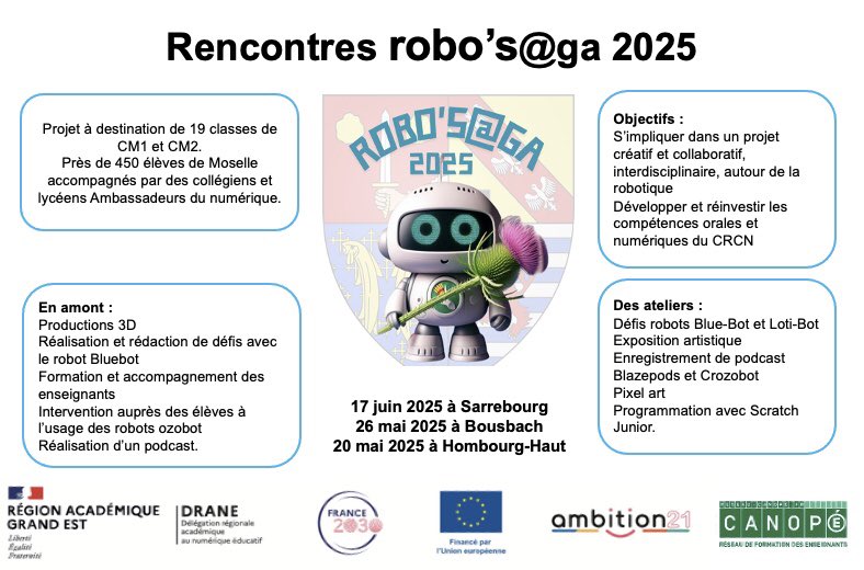 Zoom sur 𝐋𝐞𝐬 𝐫𝐞𝐧𝐜𝐨𝐧𝐭𝐫𝐞𝐬 𝐫𝐨𝐛𝐨'𝐬@𝐠𝐚 𝟐𝟎𝟐𝟓 dans les écoles de #MOSL dans le cadre du projet 🇪🇺 #FSE+ #Ambition21 ⤵️
✔️19 classes
✔️450 élèves de CM1-CM2
✔️3 rencontres avec des ateliers d'initiation à la #robotique 
🗓️ Rendez-vous le 17 juin à Sarrebourg !