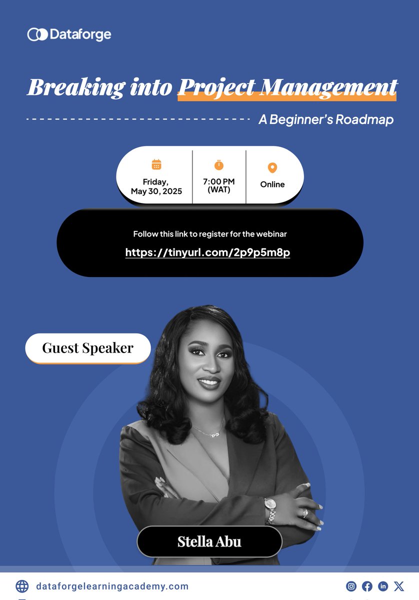 DataForge_LA's tweet image. Want to break into Project Management?
Join our FREE webinar: “A Beginner’s Roadmap”
🗓 30 May | 🕖 7PM |  w/ Stella Abu
📍Register: forms.gle/jc3ScyxzJKhi6i…
Clarity. Skills. Access. Let’s go!
#ProjectManagement #Webinar #DataForge