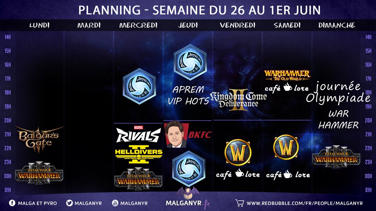 Malganyr (@malganyr) on Twitter photo Voici le planning de la semaine
Grosse semaine avec:
-Une session stream VIP Hots jeudi
-Soirées lore warcraft avec <a href="/Evanessor/">Evanessor ⚓</a>
-Aprem lore warhammer samedi
-Dimanche 1h un jeu warhammer
Bonne semaine à tous ♥ Voici le planning de la semaine
Grosse semaine avec:
-Une session stream VIP Hots jeudi
-Soirées lore warcraft avec <a href="/Evanessor/">Evanessor ⚓</a>
-Aprem lore warhammer samedi
-Dimanche 1h un jeu warhammer
Bonne semaine à tous ♥