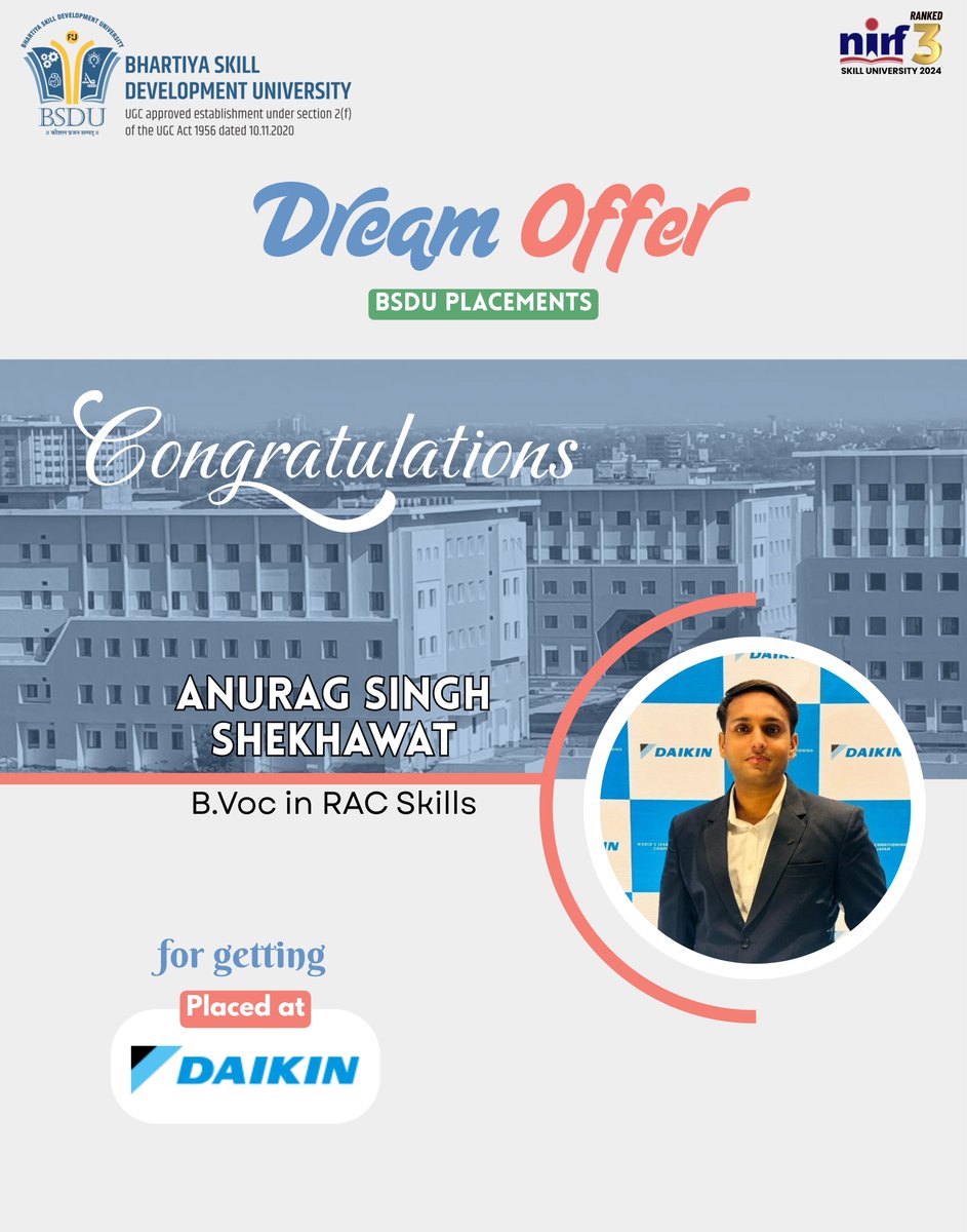 BsduOfficial's tweet image. 🎉 Congratulations to Anurag Singh Shekhawat
👨‍🎓 B.Voc in RAC Skills
on getting placed at Daikin — a leading global name in air conditioning and refrigeration.
#BSDU #SkillEducation #Placements #Daikin #RACSkills #VocationalEducation #SkillIndia #BhartiyaSkillDevelopmentUniversity