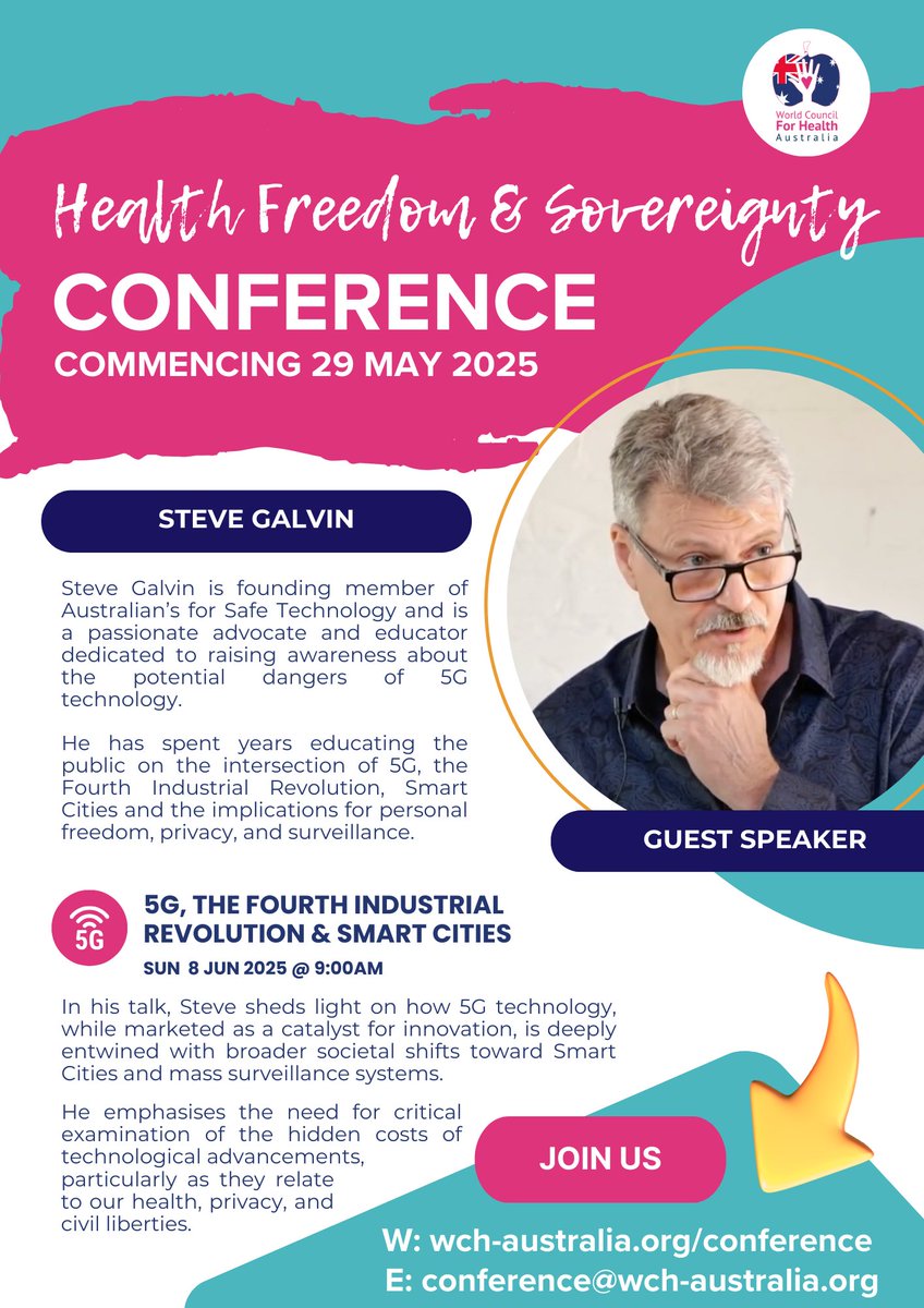 🚨 Smart Cities, 5G &amp; Control: Are we Sleepwalking into Surveillance?  

Steve Galvin exposes the truth at the Health Freedom &amp; Sovereignty Online Conference.

🗓️ Starts May 29
🎟️ Tix: events.humanitix.com/health-freedom…

#5G #SmartCities #Surveillance #WCHAustralia #HealthFreedomSovereignty