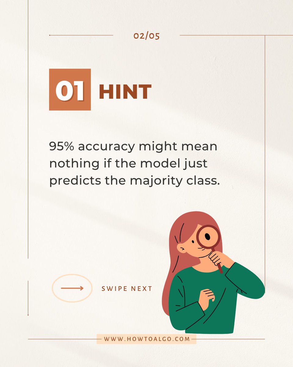 howtoalgo's tweet image. ML Quiz:
Which metric is misleading for imbalanced data?
A) Precision
B) Recall
C) Accuracy 
D) F1 Score

99% accuracy can still mean 0 results. Accuracy ≠ performance.
Learn more in the HowToAlgo ML course (₹599/month).
Start - howtoalgo.com
#MachineLearning #MLQuiz