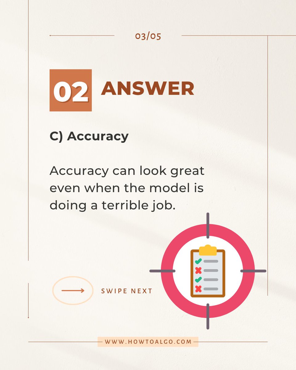 howtoalgo's tweet image. ML Quiz:
Which metric is misleading for imbalanced data?
A) Precision
B) Recall
C) Accuracy 
D) F1 Score

99% accuracy can still mean 0 results. Accuracy ≠ performance.
Learn more in the HowToAlgo ML course (₹599/month).
Start - howtoalgo.com
#MachineLearning #MLQuiz