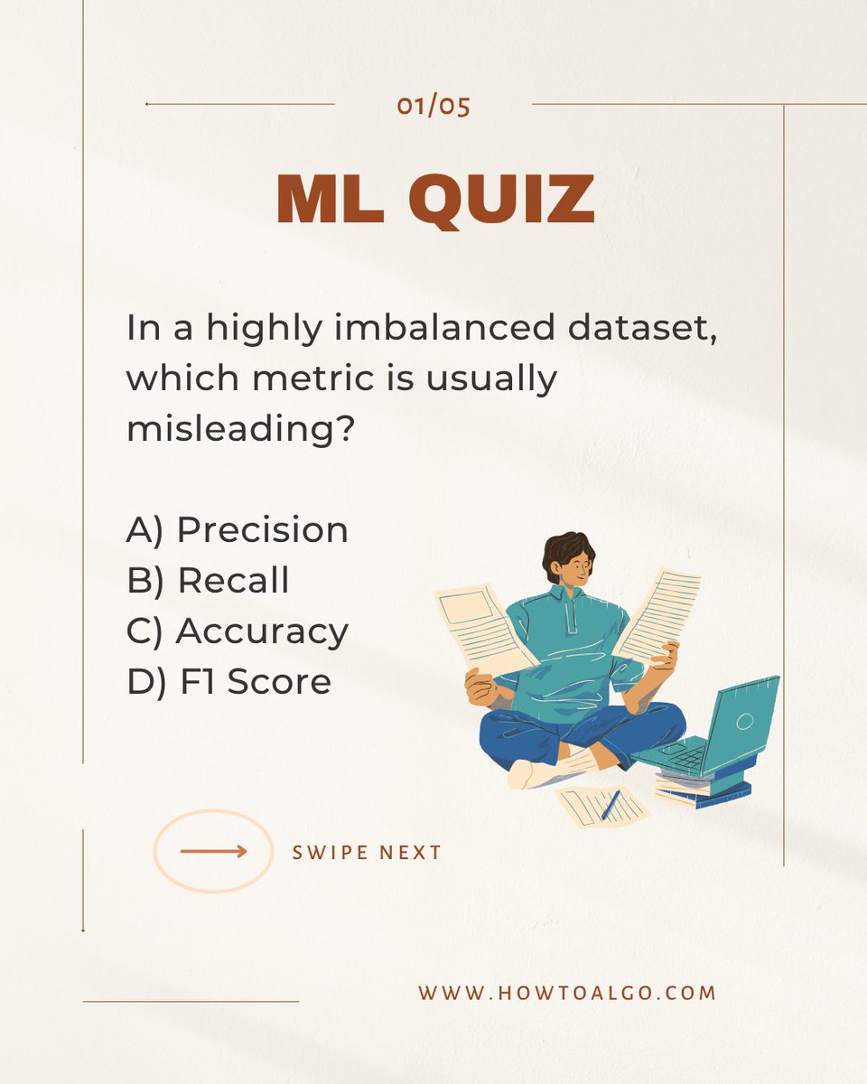 howtoalgo's tweet image. ML Quiz:
Which metric is misleading for imbalanced data?
A) Precision
B) Recall
C) Accuracy 
D) F1 Score

99% accuracy can still mean 0 results. Accuracy ≠ performance.
Learn more in the HowToAlgo ML course (₹599/month).
Start - howtoalgo.com
#MachineLearning #MLQuiz