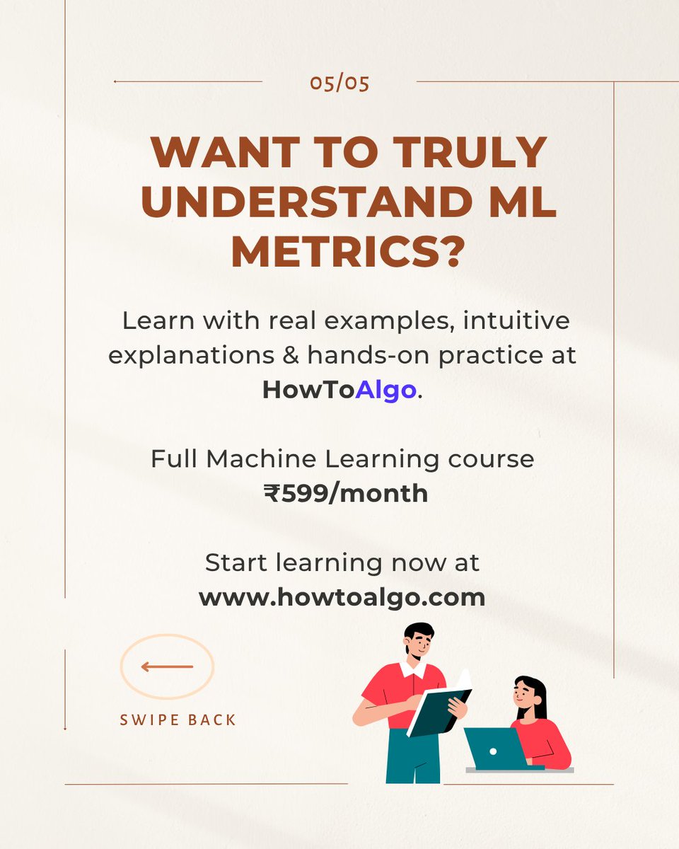 howtoalgo's tweet image. ML Quiz:
Which metric is misleading for imbalanced data?
A) Precision
B) Recall
C) Accuracy 
D) F1 Score

99% accuracy can still mean 0 results. Accuracy ≠ performance.
Learn more in the HowToAlgo ML course (₹599/month).
Start - howtoalgo.com
#MachineLearning #MLQuiz