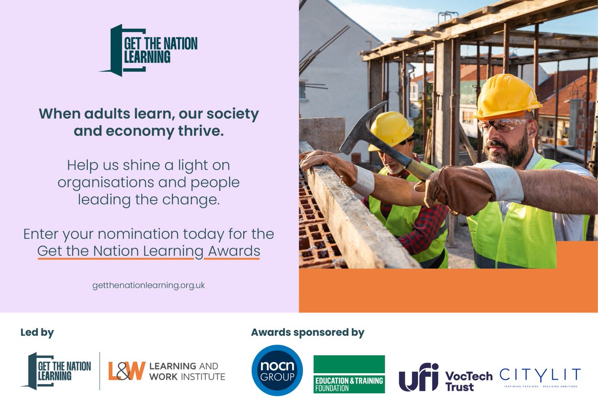 Know an organisation or individual with inspiring #lifelonglearning achievements?

Nominations for the Get the Nation Learning awards are now live! ✨

Building on the legacy of Festival of Learning, the awards are the biggest celebration of lifelong learning in England.