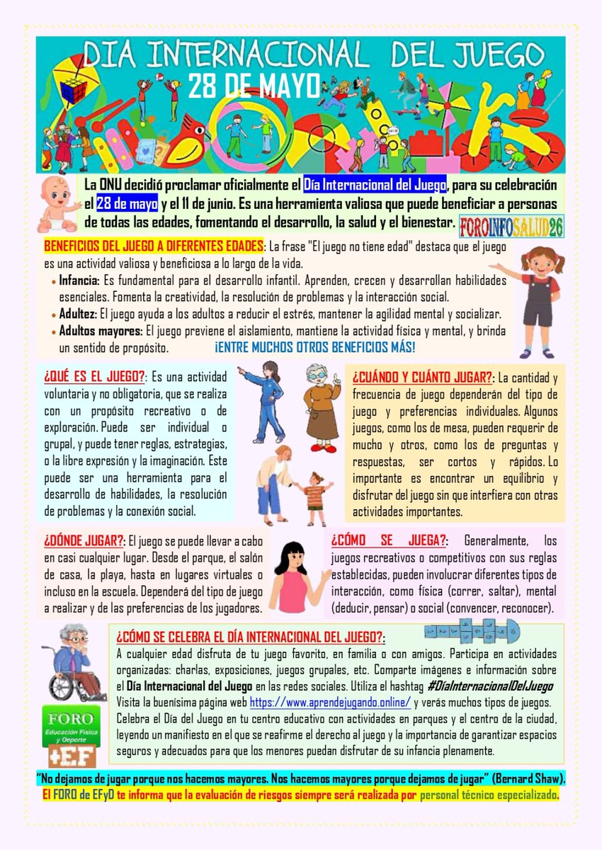 📯Hoy es el DÍA INTERNACIONAL DEL JUEGO 🧩♟️🎯 Decía George Bernard Shaw: "No dejamos de jugar porque nos hacemos mayores, nos hacemos mayores porque dejamos de jugar". Recordamos cómo la pérdida de la capacidad de jugar puede contribuir a la sensación de envejecimiento ¿JUGAMOS?