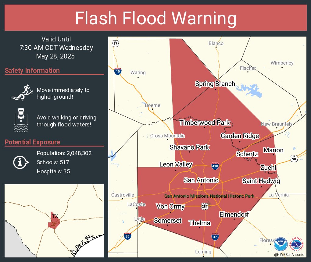 Flash Flood Warning including San Antonio TX, Schertz TX and  Universal City TX until 7:30 AM CDT